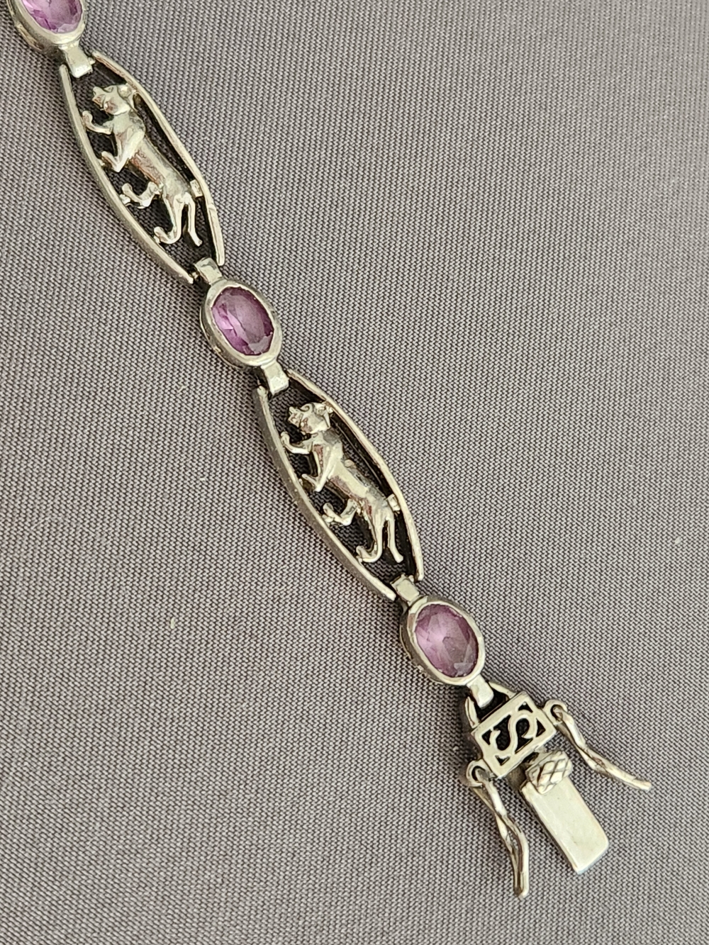 Sterling Silver Panther Link Bracelet with Purple Amethyst Stones